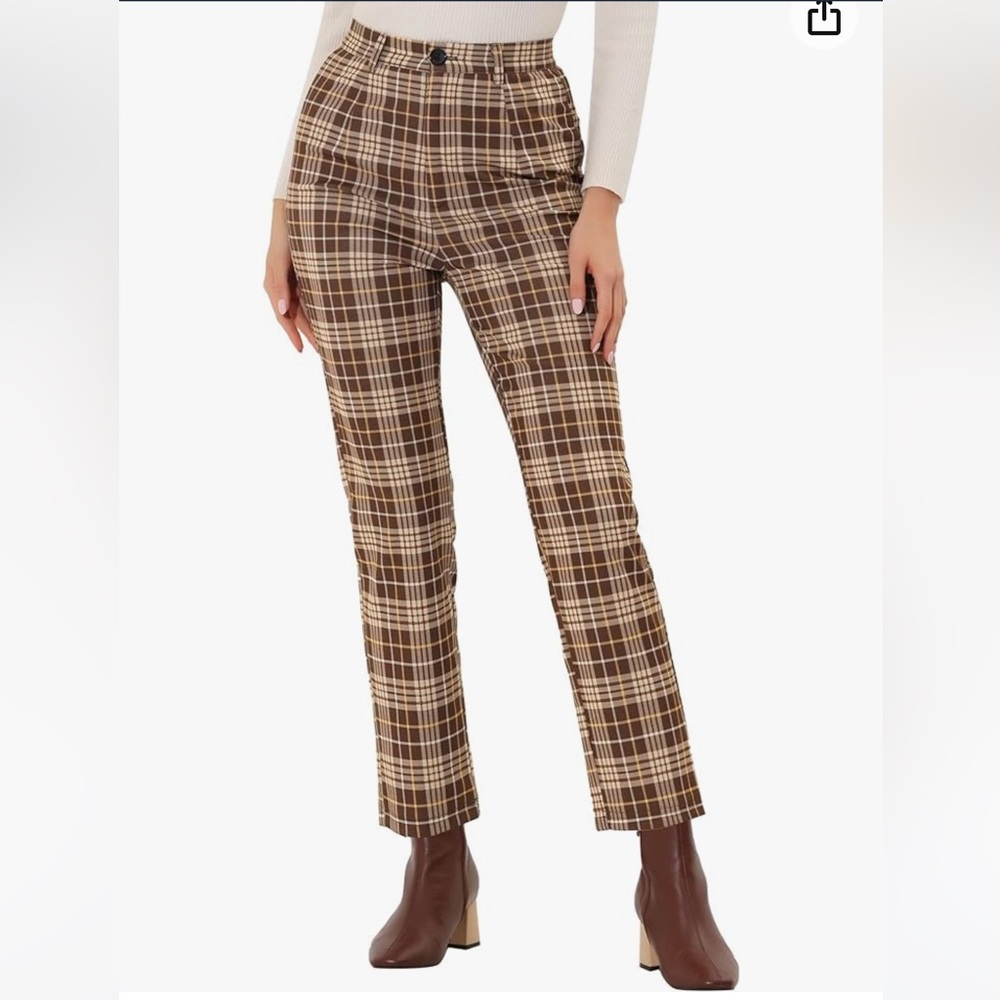 NWT! Women's Allegra K Plaid Cropped Trousers  Button Tartan Check Brown XL
